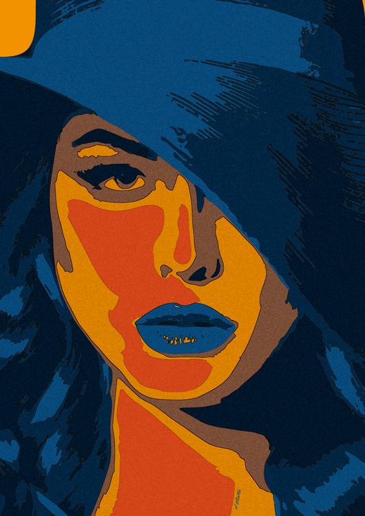 portrait illustration of a woman with blue hair and blue lipstick, colorful wall art preview