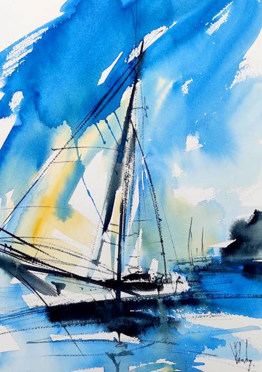 Blue and yellow sailboat, blue watercolor seascape painting preview