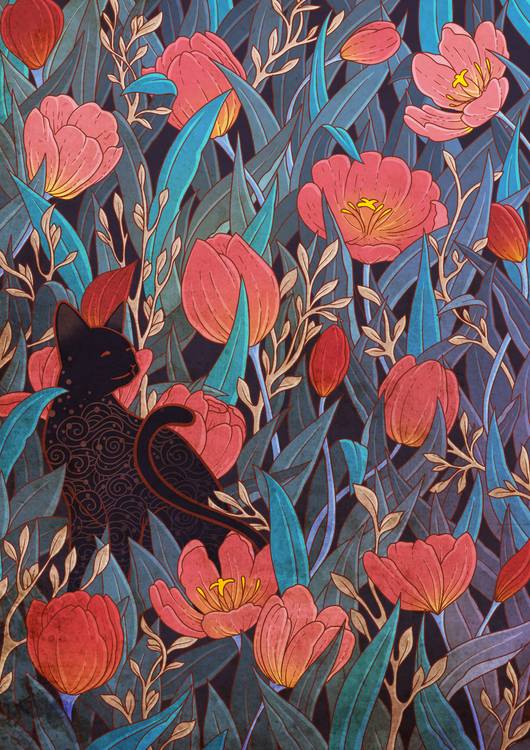 Black cat and tulips preview