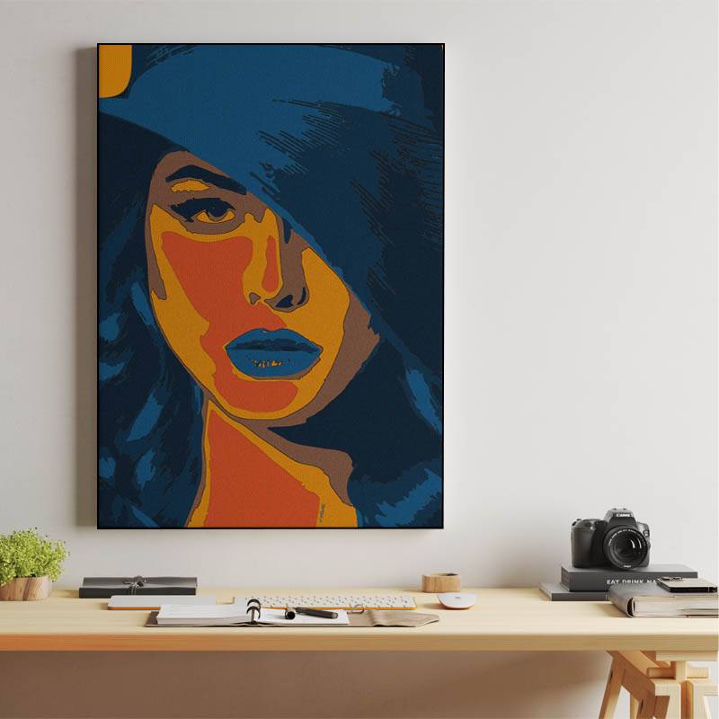portrait illustration of a woman with blue hair and blue lipstick, colorful wall art preview