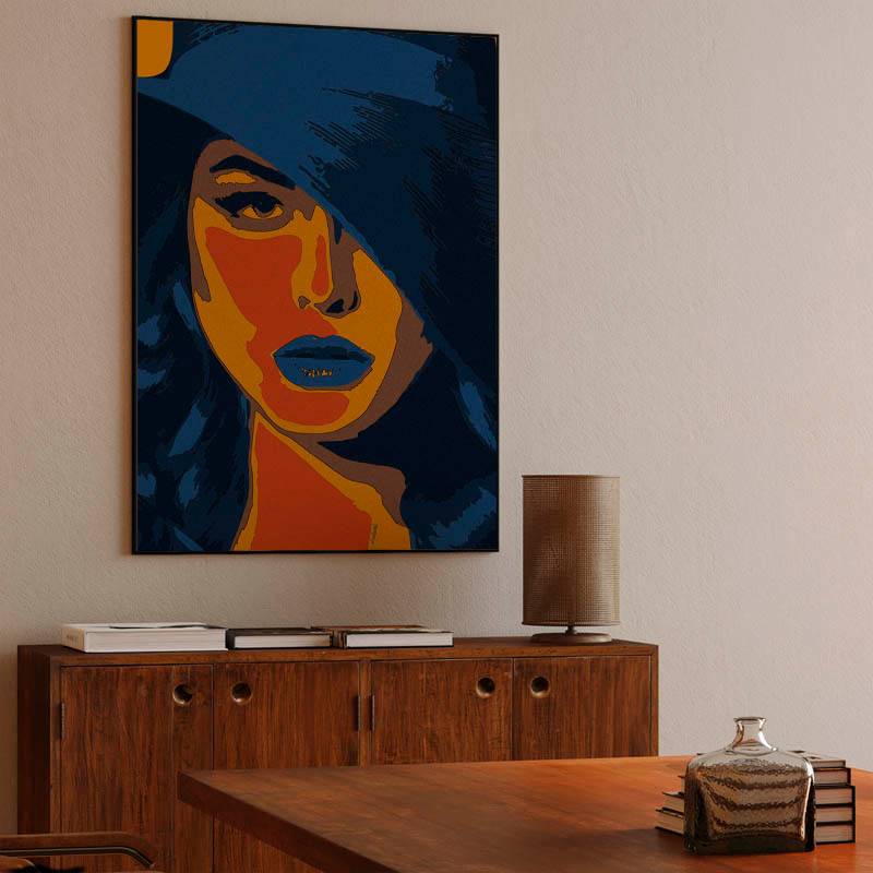 portrait illustration of a woman with blue hair and blue lipstick, colorful wall art preview