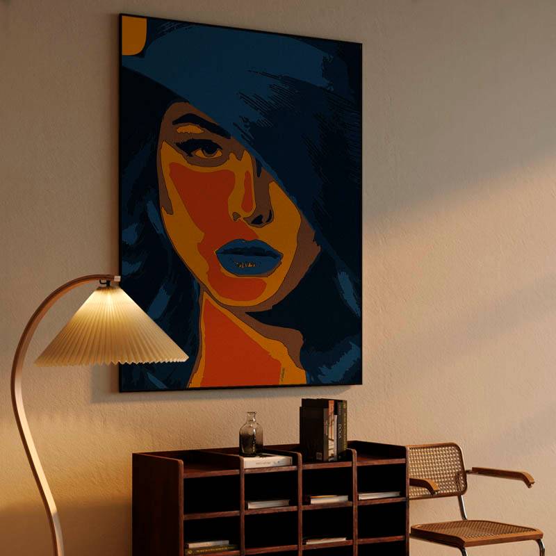 portrait illustration of a woman with blue hair and blue lipstick, colorful wall art preview