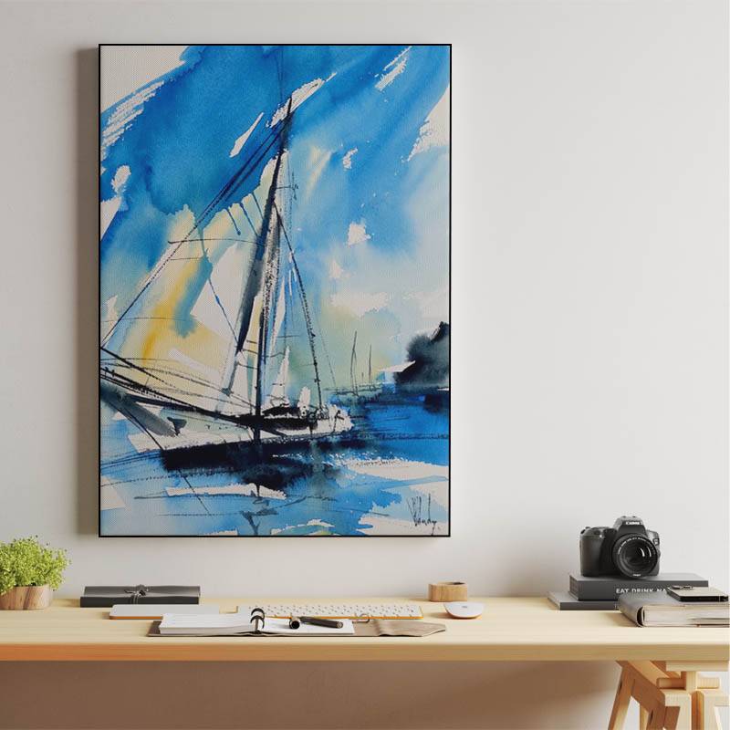 Blue and yellow sailboat, blue watercolor seascape painting preview