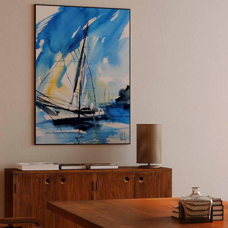 Blue and yellow sailboat, blue watercolor seascape painting preview