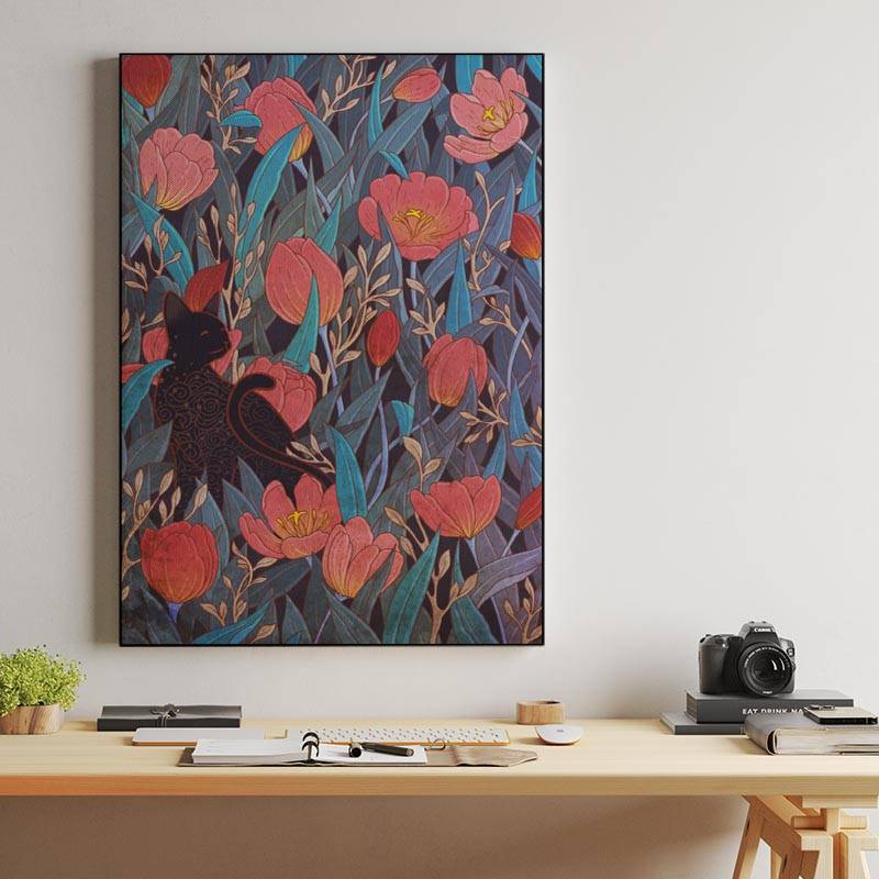 Black cat and tulips preview