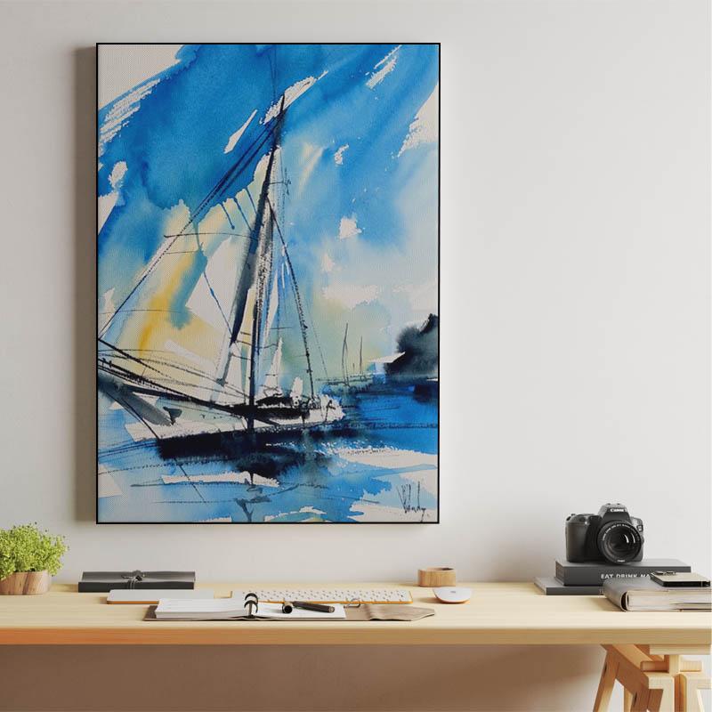 Blue and yellow sailboat, blue watercolor seascape painting