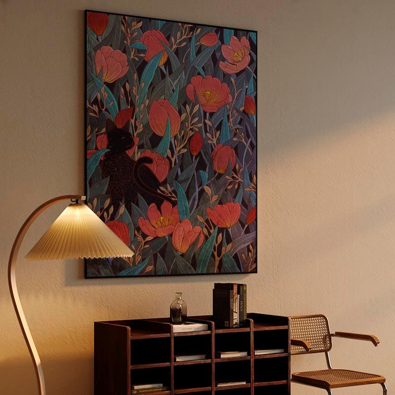 Black cat and tulips