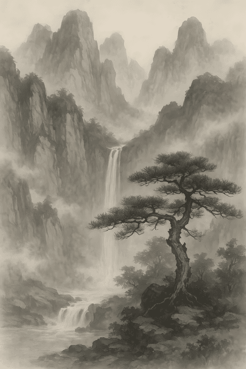 Ancient Pine and Misty Peaks