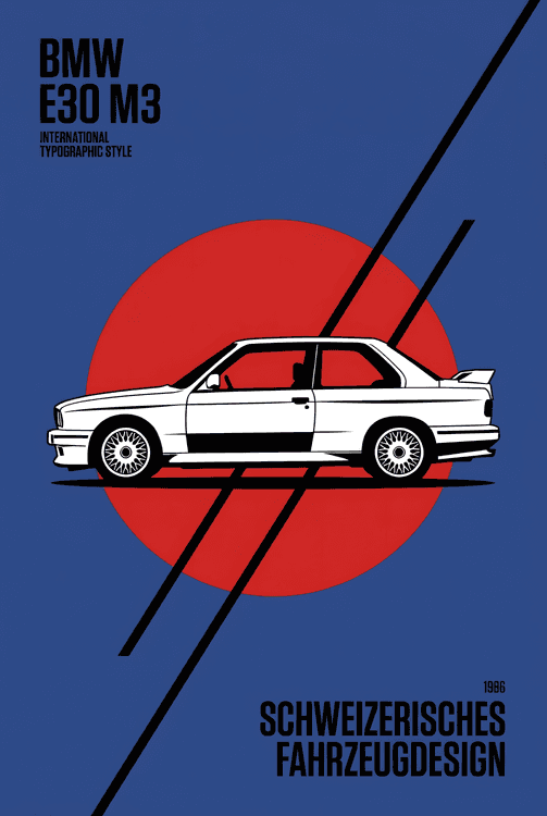 BMW E30 M3 Swiss Style Blue Poster