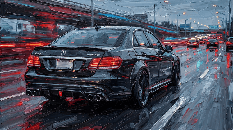 Mercedes E63 AMG Rainy Highway Impasto