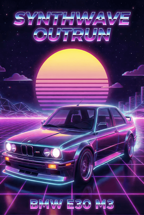 BMW E30 M3 Synthwave Outrun Poster