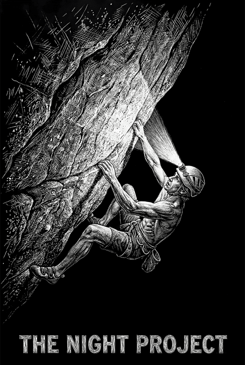 The Night Project: Woodcut Rock Climbing Illustration