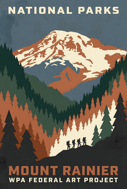 Majestic Mount Rainier: WPA Style National Park Poster