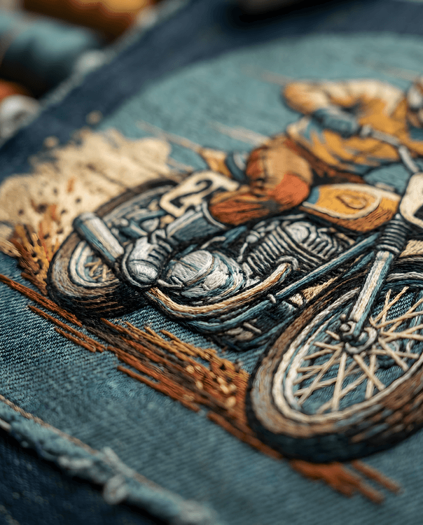 Threaded Torque: Vintage Scrambler Embroidery Art