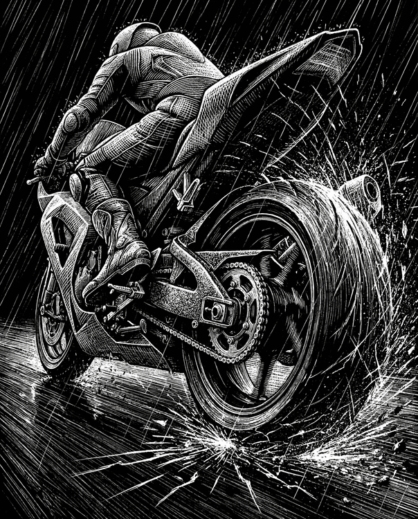 Torrential Velocity: Woodcut Motorcycle Racing in the Rain
