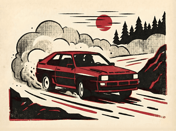 Audi Sport Quattro Rally Drift Woodcut Illustration