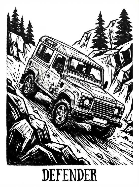 Land Rover Defender 90 Mountain Woodcut
