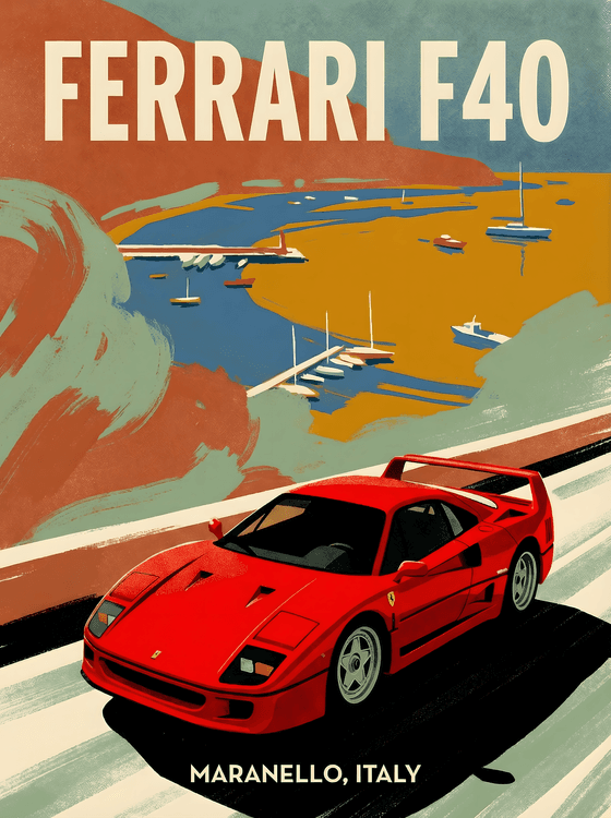 Ferrari F40 Italian Coastal Travel Poster