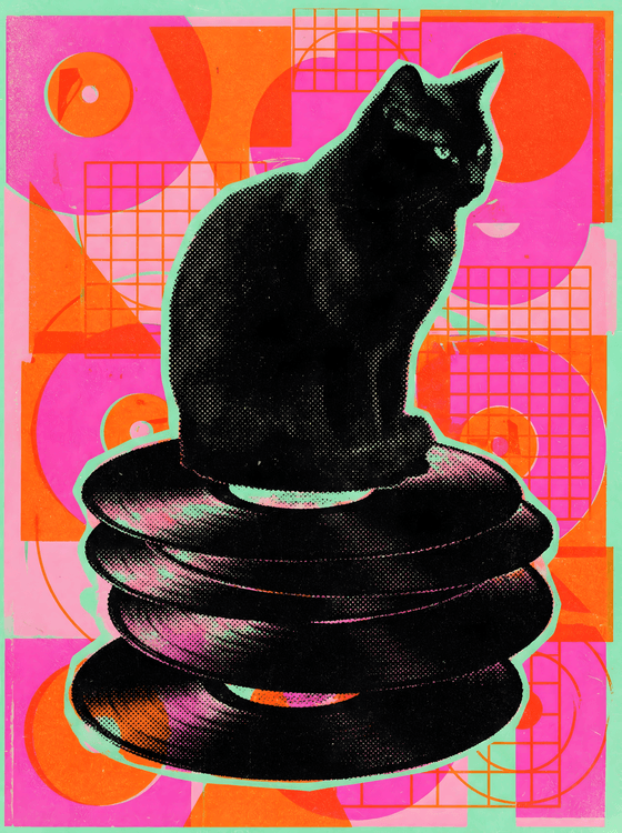 Retro Groove: Black Cat on Vinyl Stack