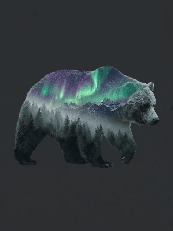 Ethereal Grizzly Bear Aurora Double Exposure