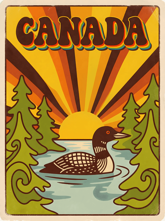 Retro Canada Loon Sunburst Travel Poster