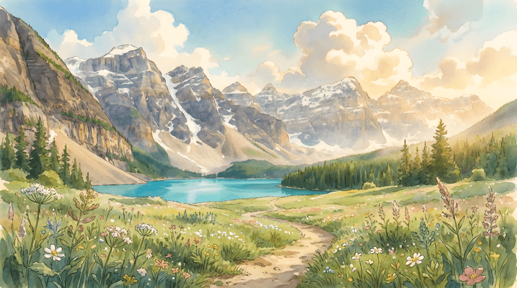 Banff Moraine Lake Wildflower Meadow Watercolor
