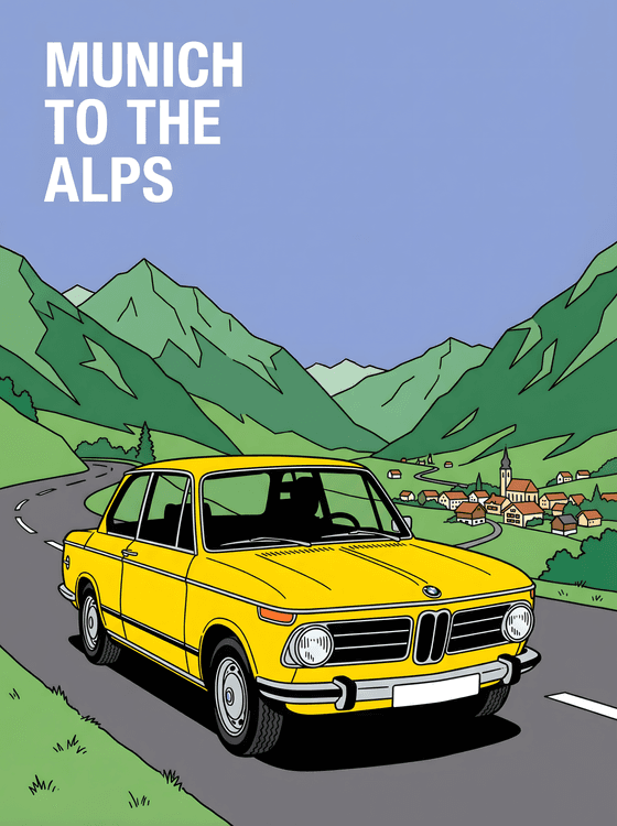 Munich to the Alps: Vintage BMW 2002 Travel Poster