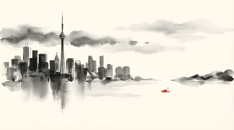 Sumi-e Toronto: Red Boat on Lake Ontario