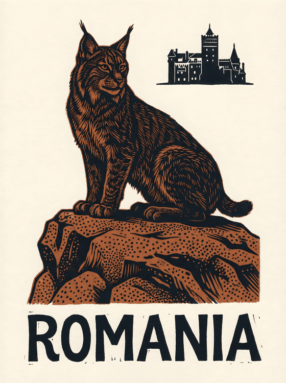 Wild Romania: Lynx and Bran Castle Woodcut Poster
