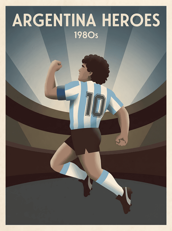 Argentina Heroes: Maradona 1980s Vintage Illustration