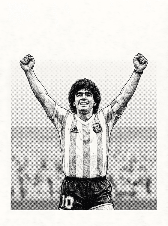 Maradona Triumphant: Stippled Legend in Black and White