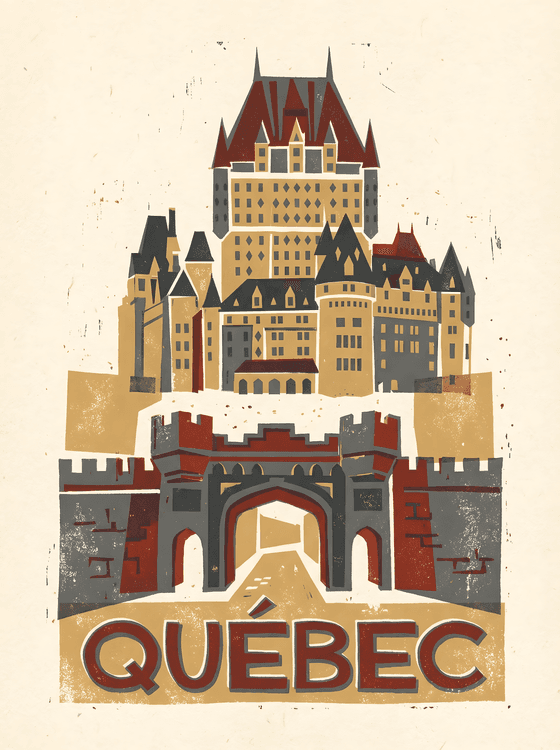 Historic Quebec City: Château Frontenac Woodcut Poster