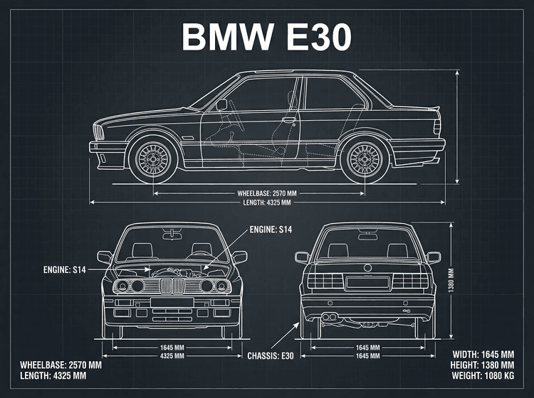 BMW E30 Technical Blueprint Elevation