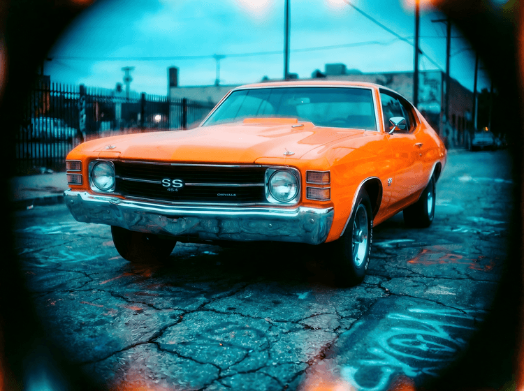 Vivid Orange Chevelle SS 454: Urban Fisheye Perspective