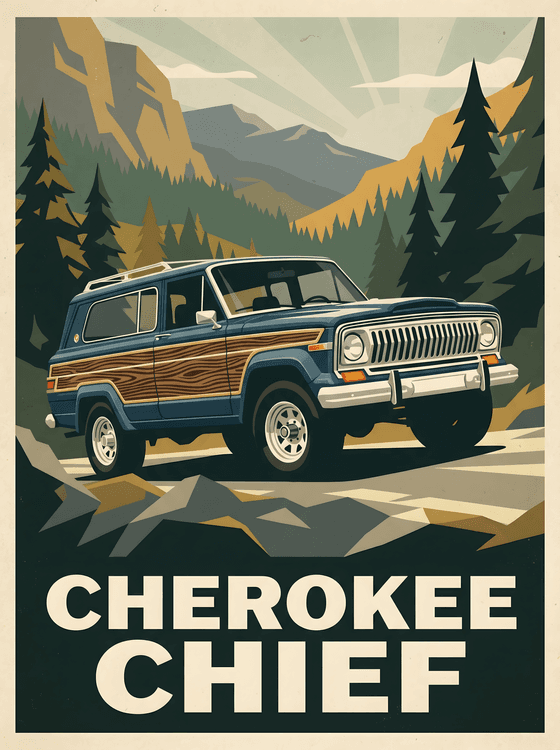 Jeep Cherokee Chief: Mountain Frontier Travel Poster