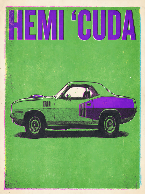 Hemi 'Cuda Retro Risograph Illustration