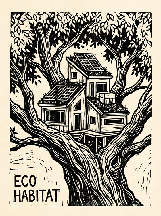 Eco Habitat Modern Treehouse Linocut