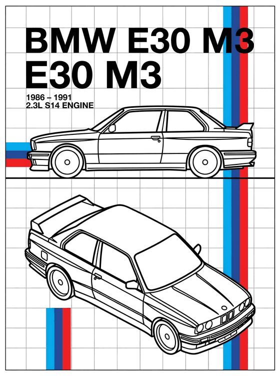 BMW E30 M3 Technical Line Art Illustration