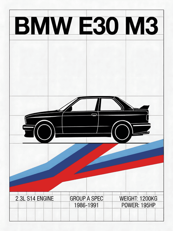 BMW E30 M3: Group A Spec Minimalist Poster