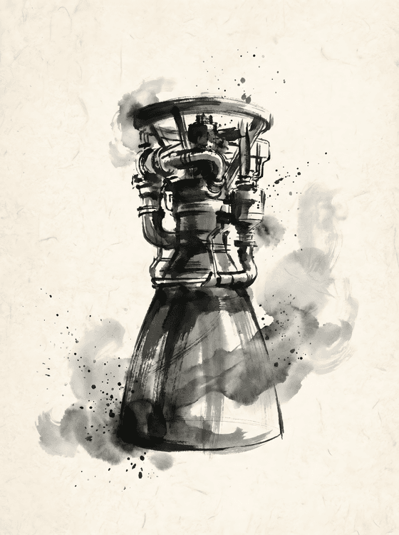 Raptor Engine: Sumi-e Mechanical Study