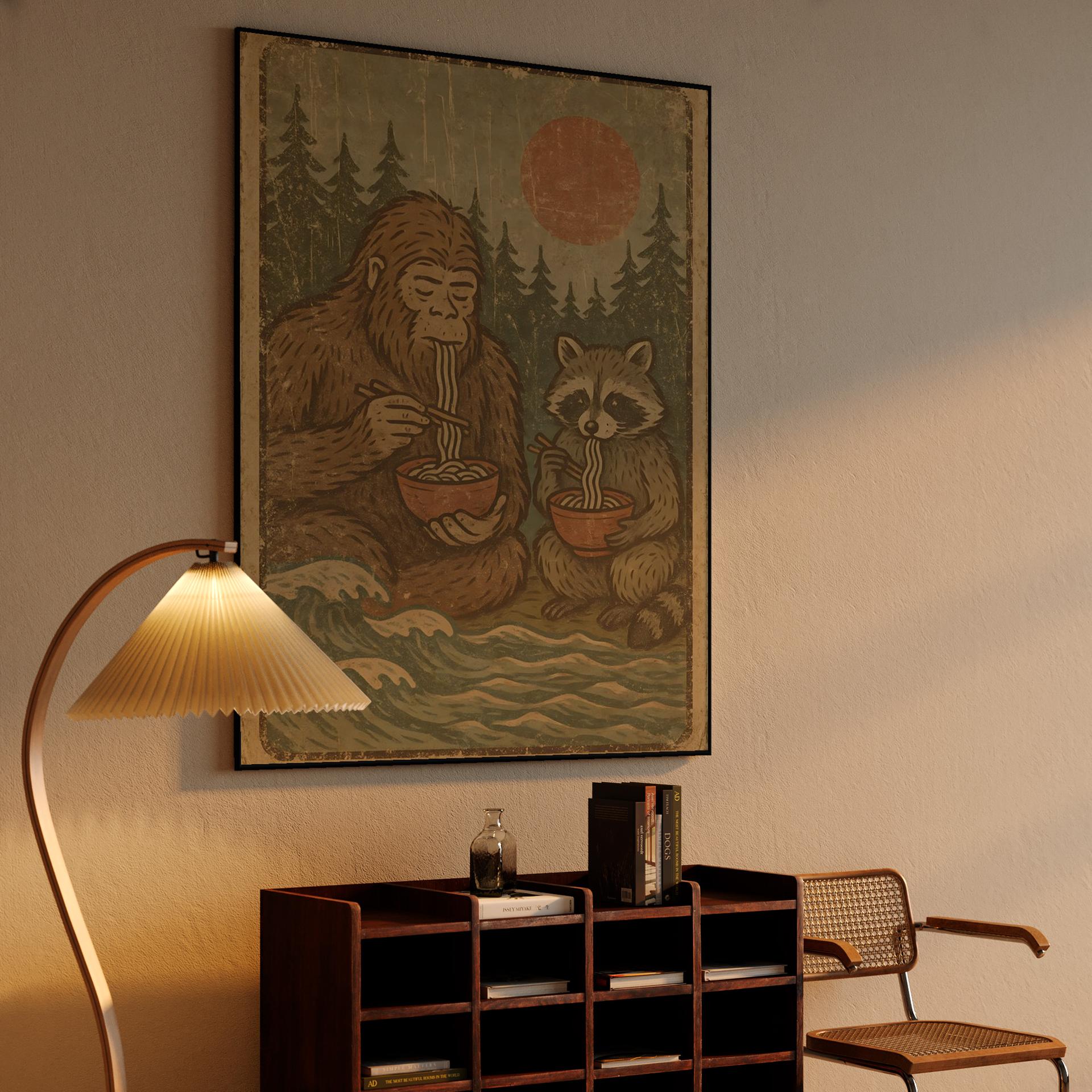 Bigfoot and Raccoon Eating Ramen