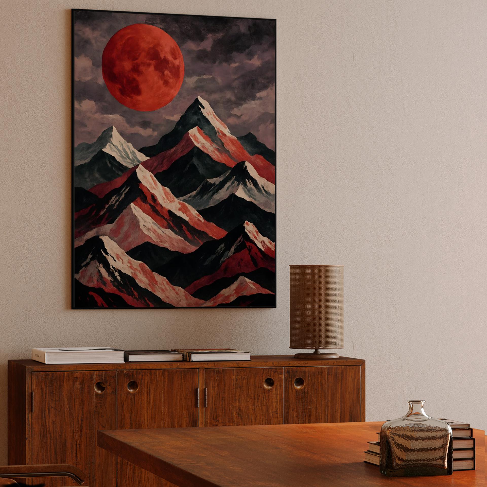 Blood Moon Rising Over Jagged Mountains