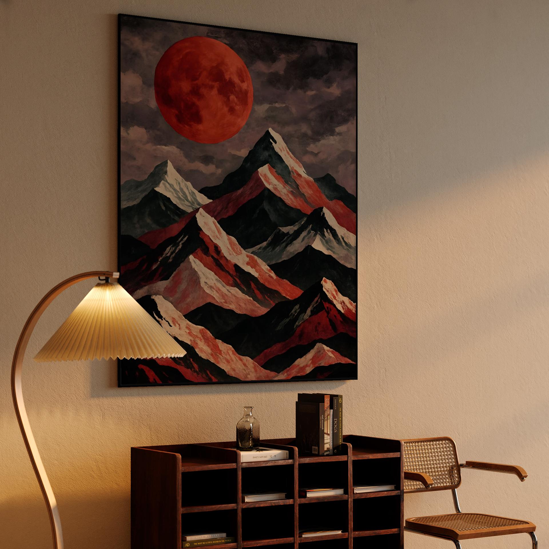 Blood Moon Rising Over Jagged Mountains