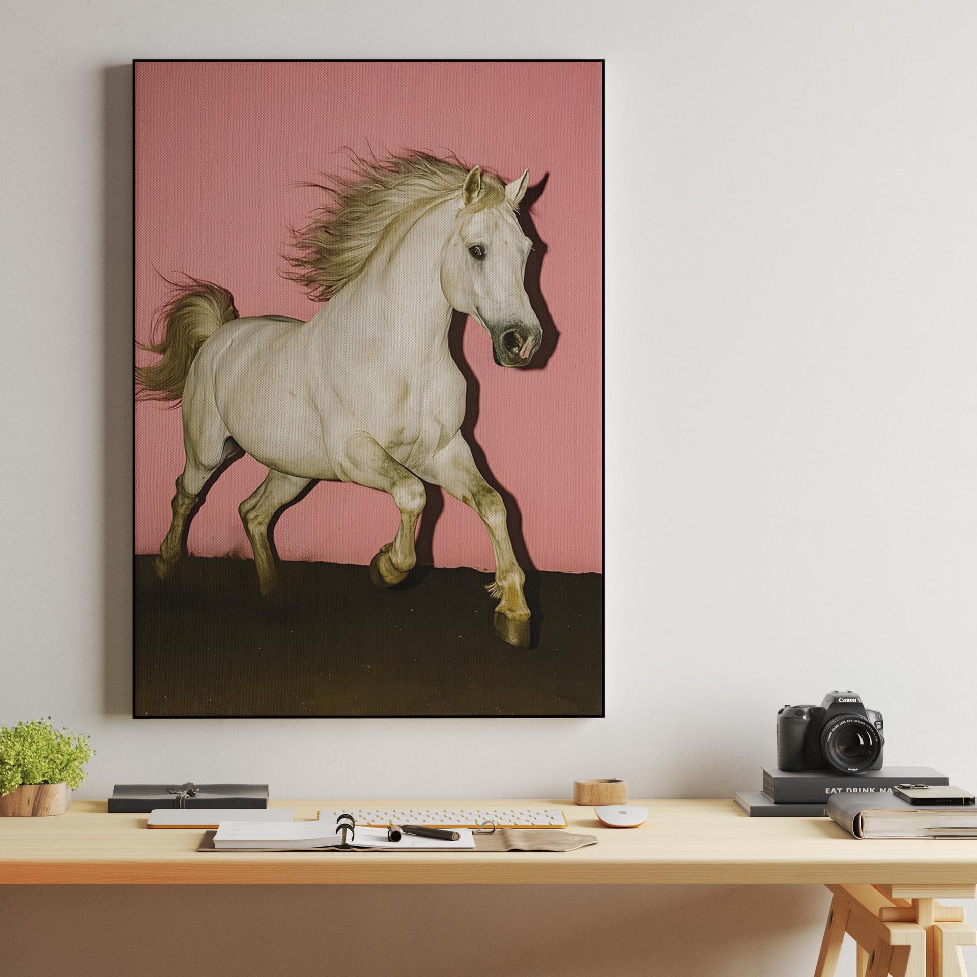 Galloping White Horse on Pink Background