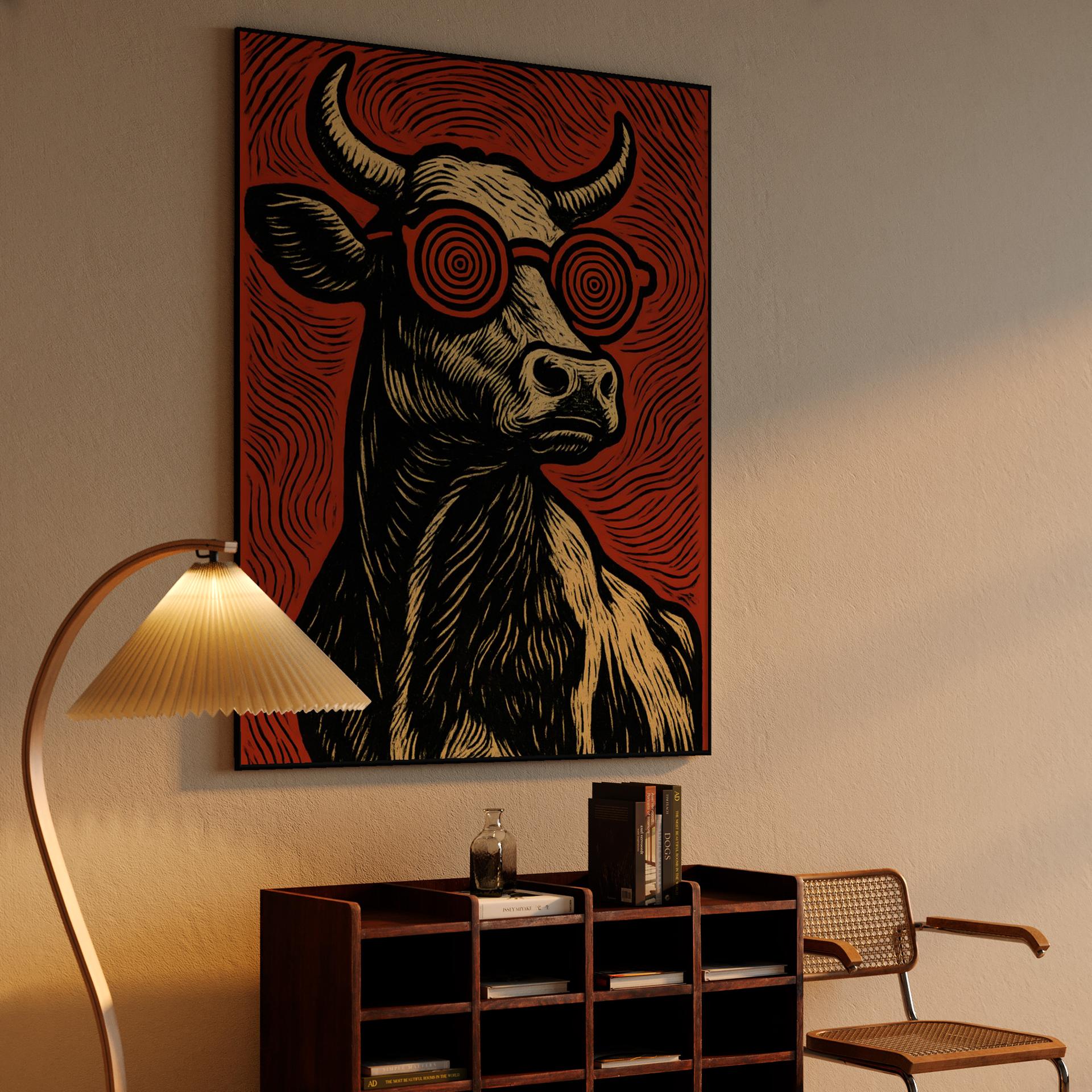 Hypnotic Cow Woodcut