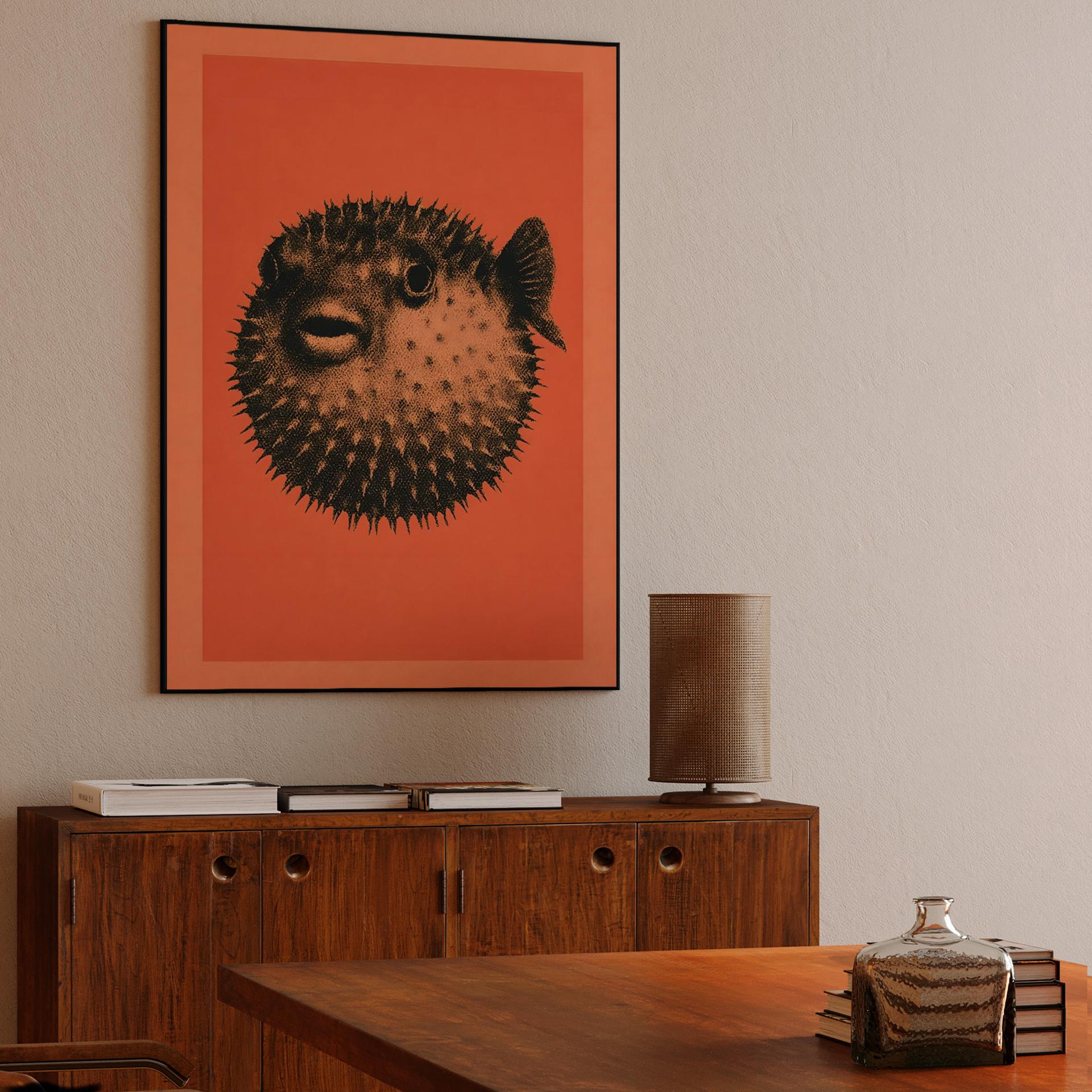 Orange Pufferfish Woodcut