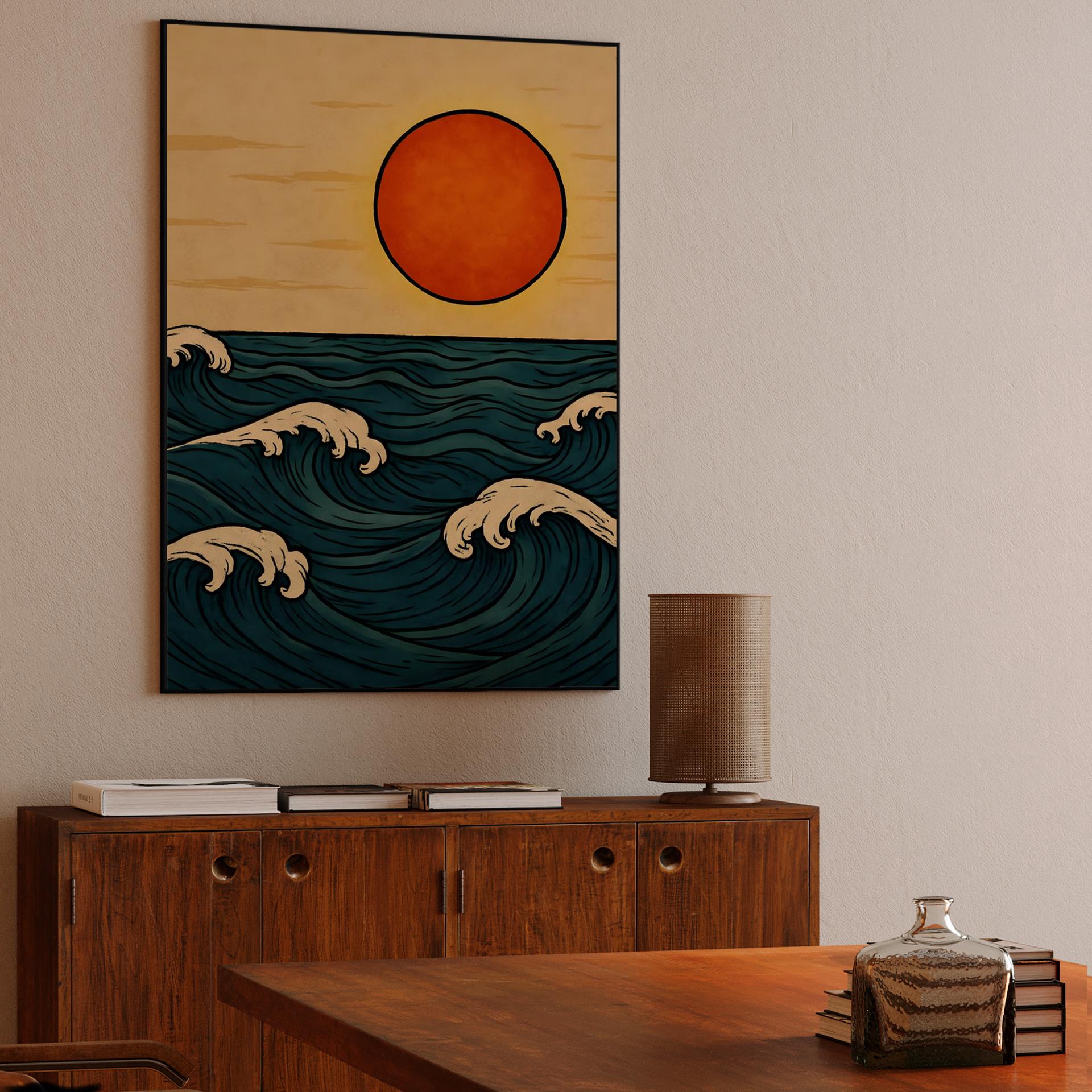 Sunset Over Woodcut Waves