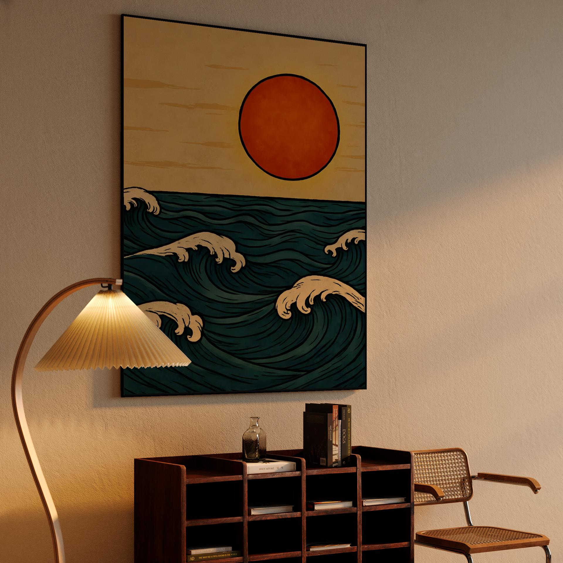 Sunset Over Woodcut Waves