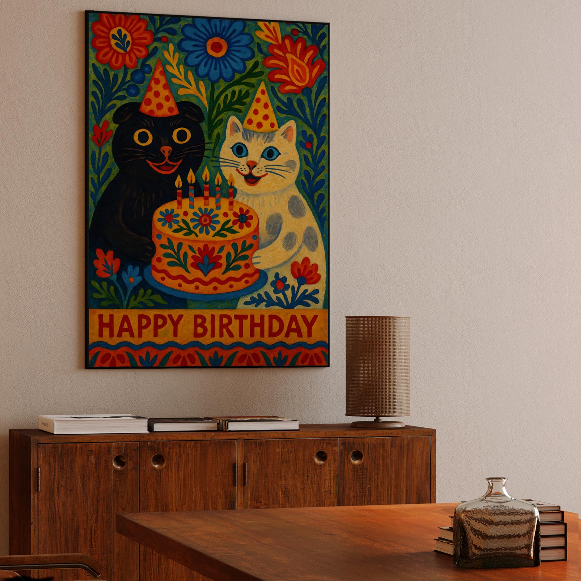 Whimsical Folk Art Birthday Cats with Cake