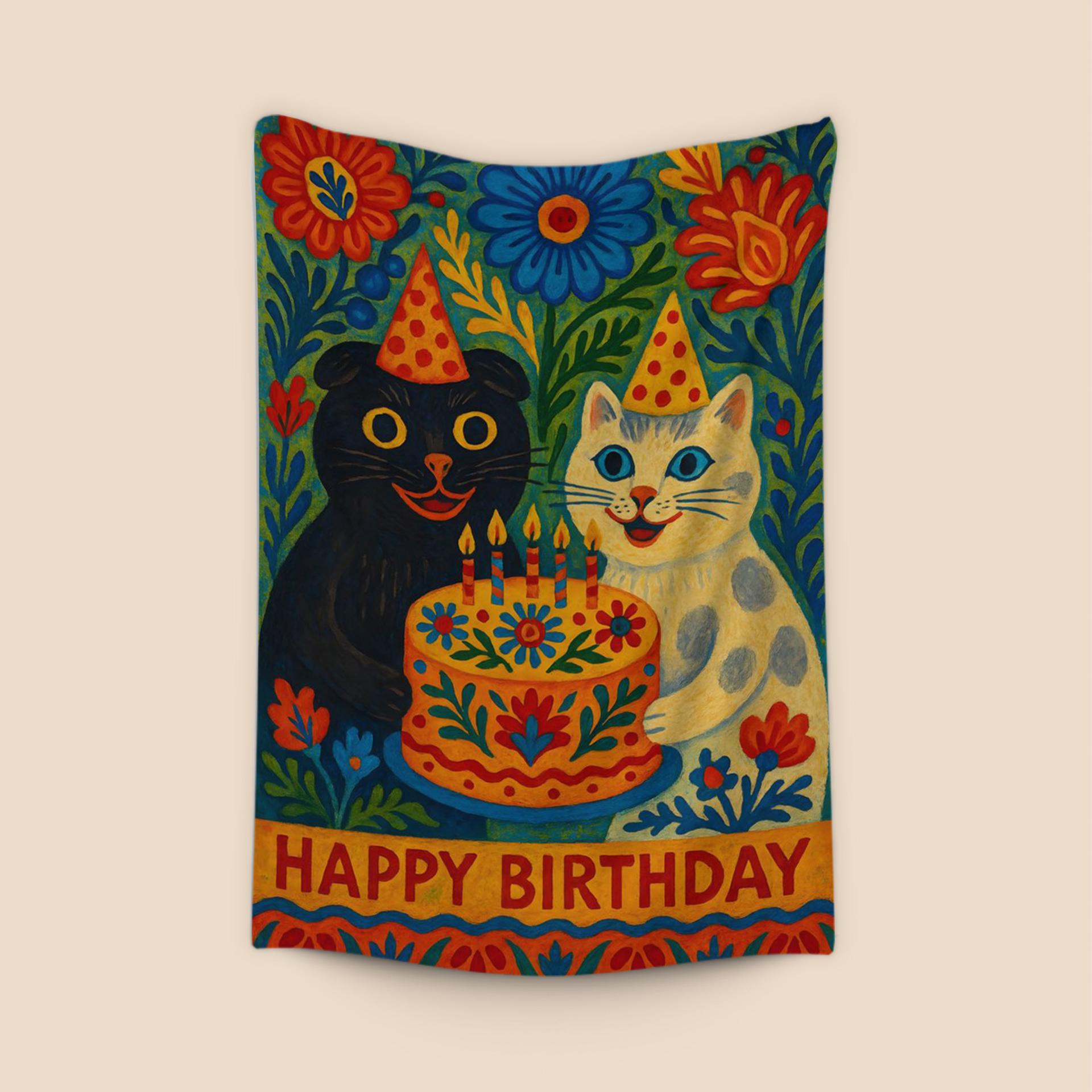 Whimsical Folk Art Birthday Cats with Cake
